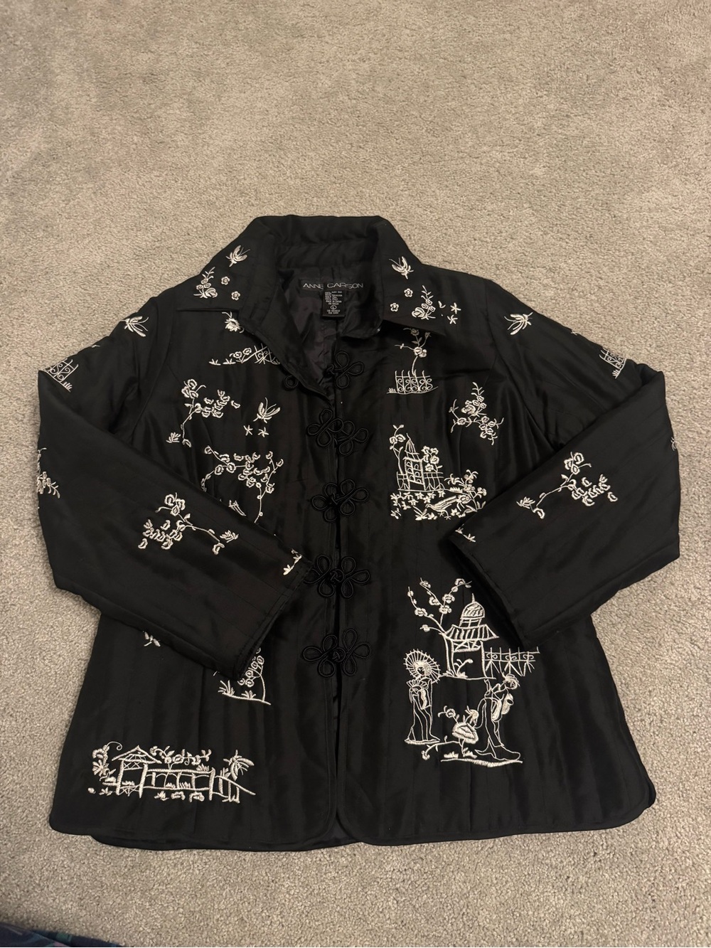 Anne Carson Black Silk Embroidered Mandarin-Closure Jacket